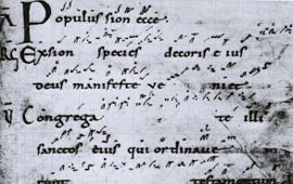 Figur 1 Neumer fra 900-tallet mellom linjene med tekst. Neumer kalles ogs&aring; cheironome (av gr. for h&aring;nd), da tegnene sies &aring;&hellip;