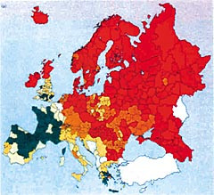 Figur 1    Aldersstandardisert d&oslash;delighet av iskemisk hjertesykdom (ICD410 &ndash; 414) blant menn 0 &ndash; 64 &aring;r i Europa i 1990 &ndash; 91 &hellip;