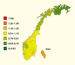  Figur 1    Forekomst av brystkreft i norske fylker f&oslash;r oppstart av screening. Figuren viser relativ risiko for brystkreft i&hellip;