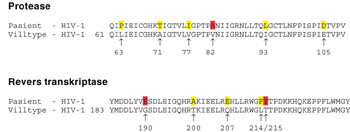 Figur 2   Utsnitt av aminosyresekvenser fra HIV-1-genomet hos pasient behandlet med medikamenter rettet mot enzymene&hellip;
