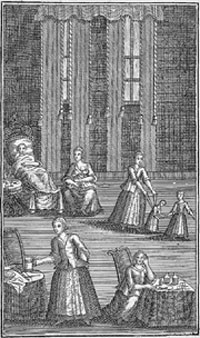 Figur  4   Barselidyll. Fra Ludwig Wilhelem Knoers rikt illustrerte bok Der bey den Frauenzimmer Kranckheiten vern&uuml;nftig&hellip;