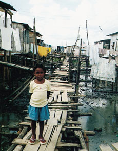 I fattigkvarterene er glisne bambushus bygd p&aring; p&aring;ler i stinkende brakkvann. Det finnes noen latriner, men ikke vann og str&oslash;m.