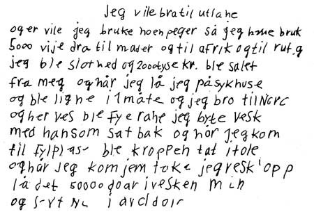 Figur 5   Stil skrevet av affisert s&oslash;nn i 5. klasse. Oppgaven l&oslash;d: Hva ville du gj&oslash;re hvis du fikk 1 000 kroner? Foto&hellip;