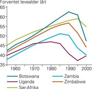 Beregnet forventet levealder i enkelte afrikanske land 1950&thinsp;&ndash;&thinsp;2000 (1, 2)