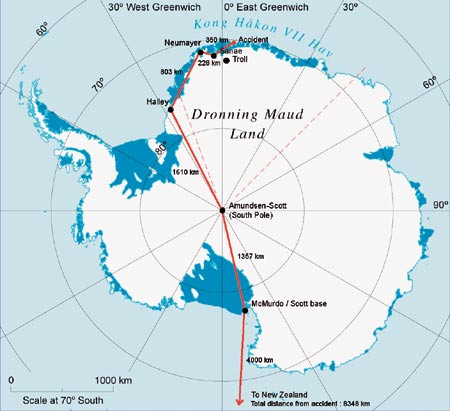 Figur 2  Kart som viser hvordan skadelidte ble transportert en distanse p&aring; 4 348 km over hele Sydpolkontinentet og 4 000 km&hellip;