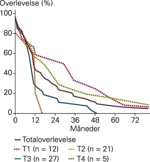Prosent kumulativ overlevelse (Kaplan-Meier) for alle de opererte (n = 65) inndelt etter T&thinsp;-stadium