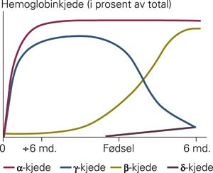 Det er ulik hemoglobinkjedesammensetning i hemoglobinmolekylene gjennom fosterliv, i f&oslash;rste leve&aring;r og i voksen alder. Ved&hellip;