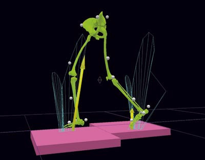 Figur 1 Dataanimert skjelettfigur (bekken og begge bein) av pasient 1 som g&aring;r over kraftplatene i gulvet. Gule piler viser&hellip;