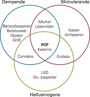 Oversikt over rusmidler med henholdsvis dempende, stimulerende og hallusinogene effekter