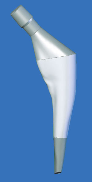 Figur 2  Individtilpasset femurkomponent med &oslash;vre to tredeler belagt med hydroksyapatitt p&aring; por&oslash;s overflate