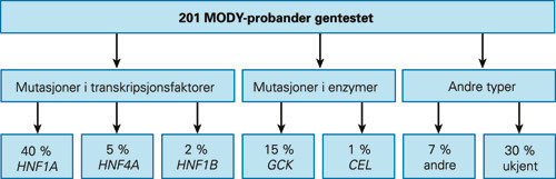 Figur 1  Fordeling av ulike typer monogen diabetes basert p&aring; genetiske analyser av 201 probander henvist til norsk MODY&hellip;