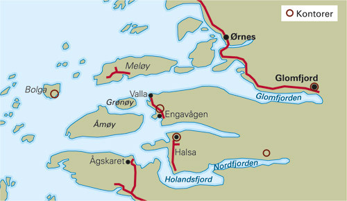 Mel&oslash;y og omland med de forskjellige kontorstedene avmerket