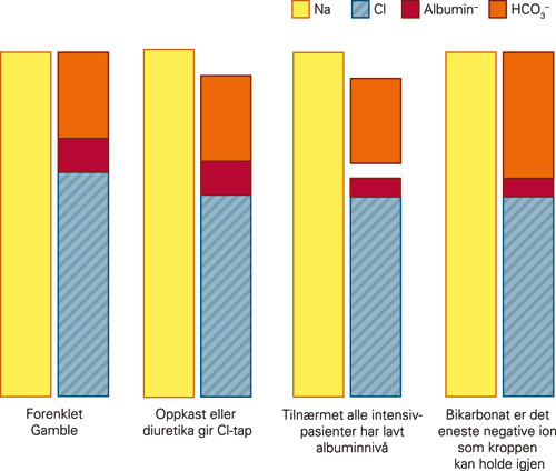 Figur 2  Diagrammet viser bl.a hvordan tap av klor (oppkast) og albumin (anoreksi) medf&oslash;rer alkalose som f&oslash;lge av krav til&hellip;