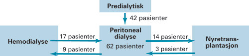 Figur 1  Pasientflyten hos de 62 som ble behandlet med peritoneal dialyse. 42 pasienter hadde peritoneal dialyse som f&oslash;rste&hellip;