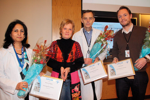 Fra venstre Memona Majida, forskningssjef Hilde Lur&aring;s, Vidar S&oslash;yseth og Helge R&oslash;sj&oslash;. Foto Akershus universitetssykehus