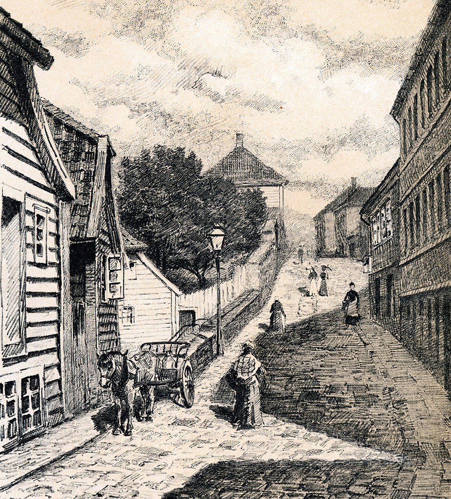 Steinkjellergaten, tegnet av August Johannessen i 1888. Steinkjellergaten 13, der Amalie Skrams fetter Hans Petter ble f&oslash;dt,&hellip;