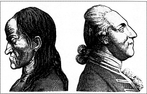 Figur 1  Det &laquo;d&aring;rlige&raquo; og det &laquo;gode&raquo; menneske &ndash; med tilh&oslash;rende neser. Stikk fra Lavaters Physiognomische Fragmente (1)