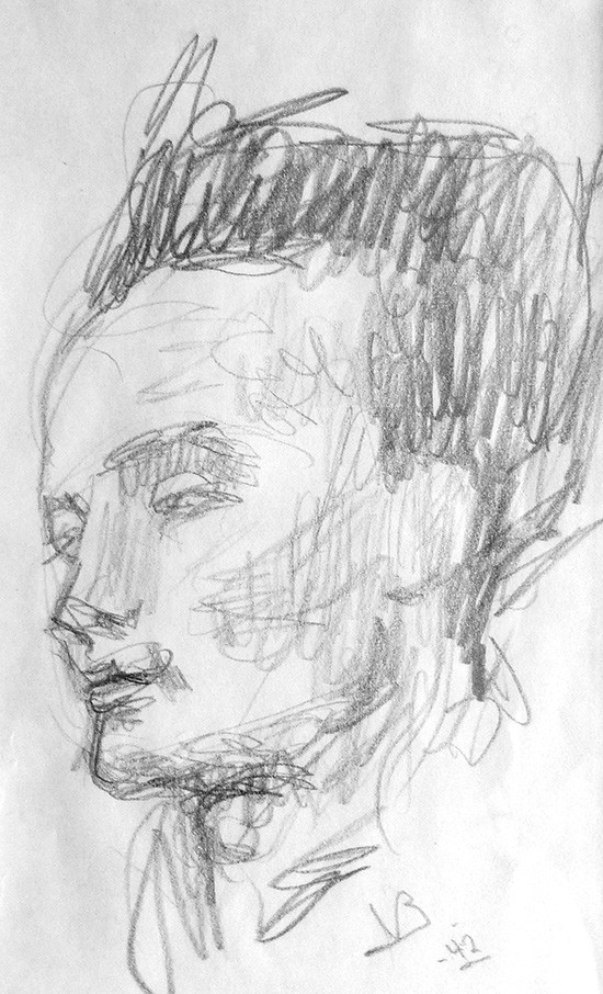 Portrettskisse ved fetter Jens Ingvald (&laquo;Vallen&raquo;) Bj&oslash;rneboe, 1942