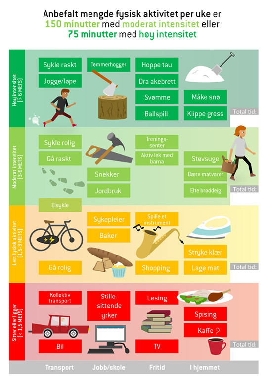 Figur 1  Arenaer for fysisk aktivitet. R&oslash;d sone indikerer aktiviteter med energiforbruk tilsvarende det man har n&aring;r man&hellip;