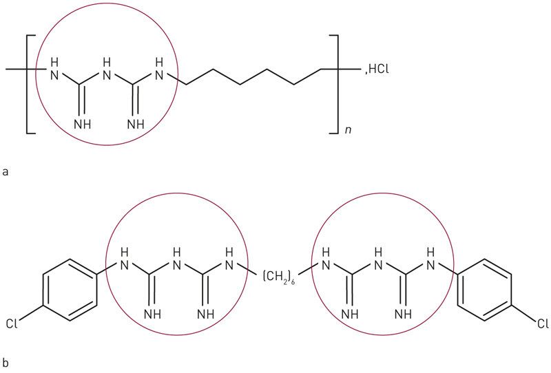 Figur 2  Kjemisk formel for a) PHMB og b) klorheksidin. Biguanidgruppene er markert. Den kjemiske strukturen til PHMB ligner&hellip;