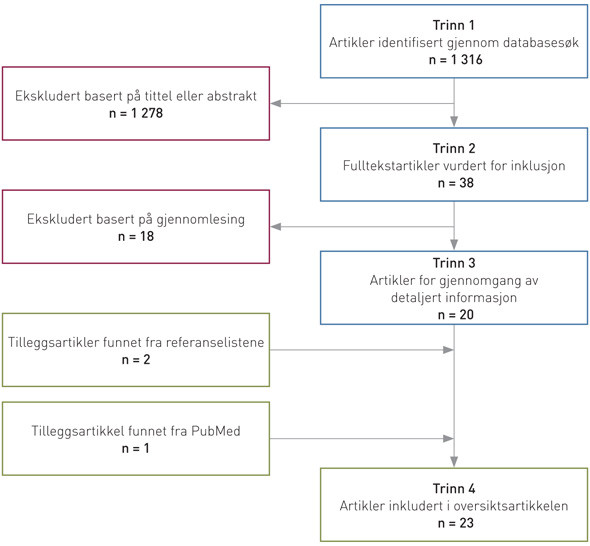 Figur 1  Litteraturs&oslash;ket og inklusjons- og eksklusjonskriterier