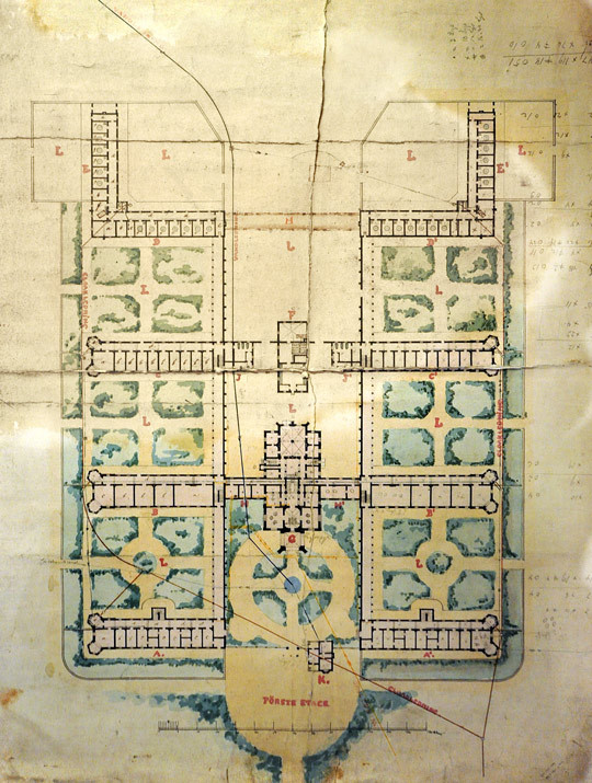 Heinrich Ernst Schirmer og Herman Wedel Majors plan for Gaustad Asyl med hageanlegg. Senere oppm&aring;lingstegning, udatert&hellip;
