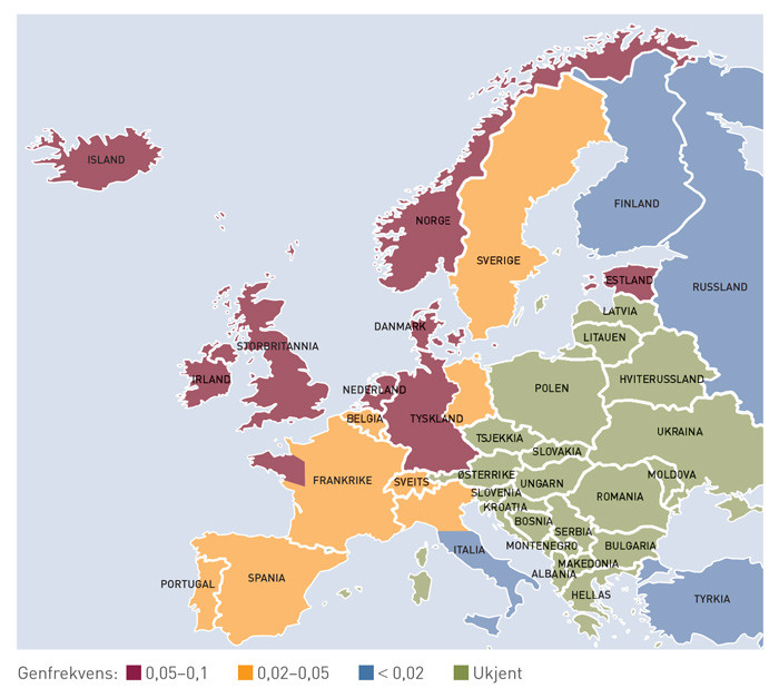 Figur 4  Kart som viser utbredelsen av den viktigste hemokromatosemutasjonen C282Y i Europa. Den h&oslash;yeste forekomsten ser man&hellip;