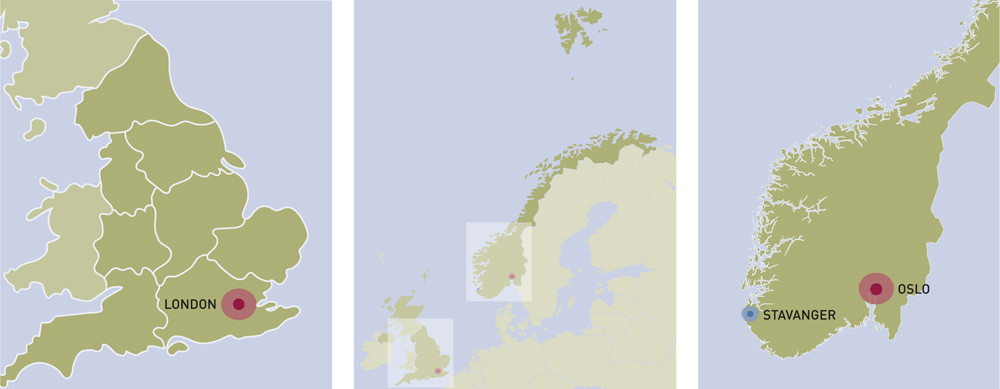 Figur 1  Estimater for geografisk utbredelse og befolkningstetthet i London, Oslo og Stavanger. London (urbane del): ca. 1&hellip;