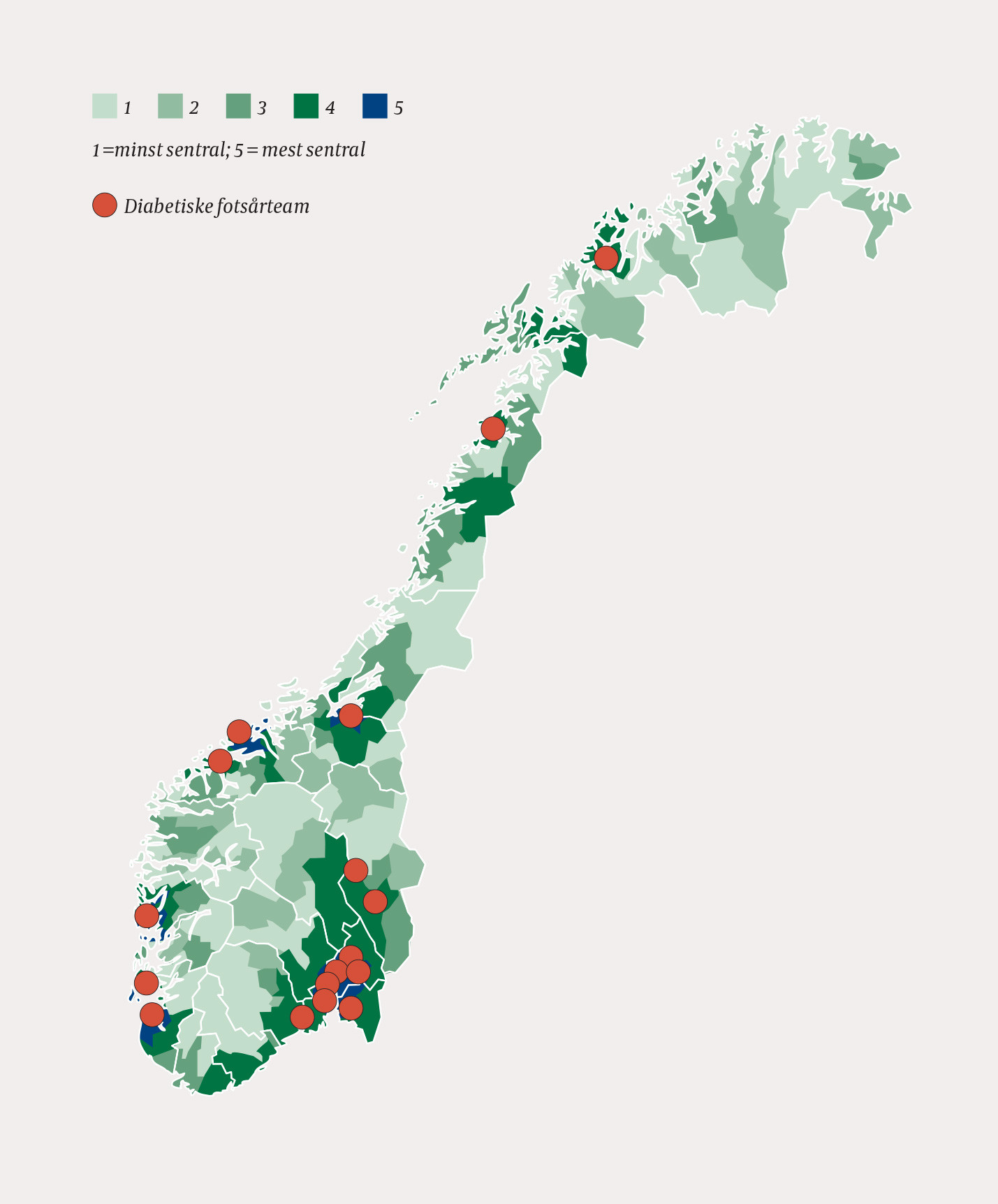 Figur 1 Geografisk fordeling av diabetiske fots&aring;rteam (n = 17). Omr&aring;der med m&oslash;rkest farge har st&oslash;rst befolkningstetthet&hellip;