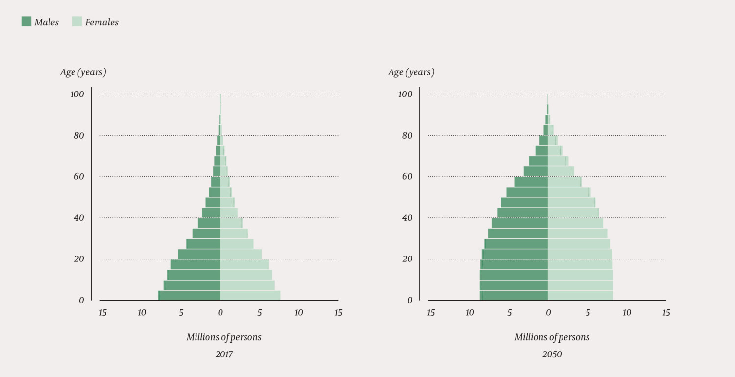 Figure 1 Demographic aging in Ethiopia illustrated by the current population pyramid (2017) and the projected population&hellip;