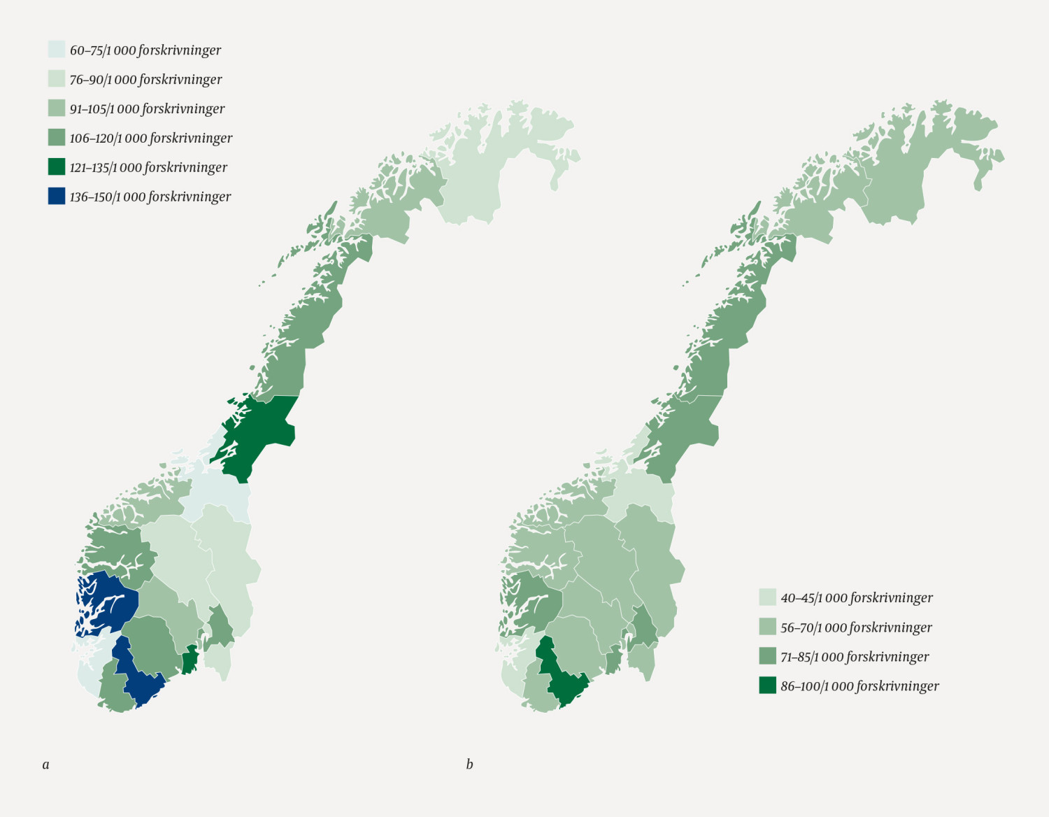 Figur 1 Total andel forskrivninger av alle typer legemidler mot astma i ulike fylker per 1 000 barn i a) aldersgruppen 0&ndash;4&hellip;