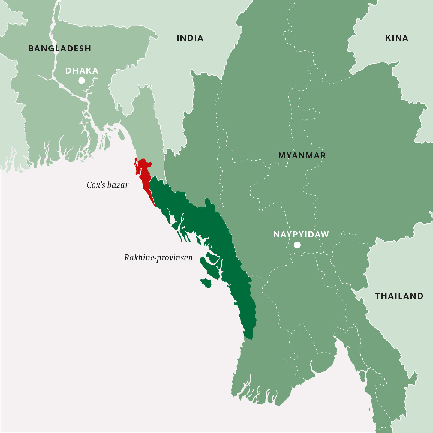 Kart over Bangladesh med omkringliggende omr&aring;der.