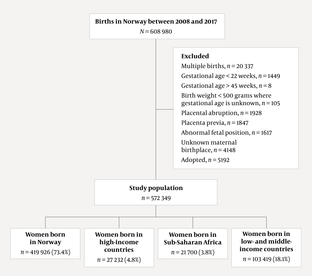 Figure 1 Exclusion criteria, study population and category of maternal birthplace.