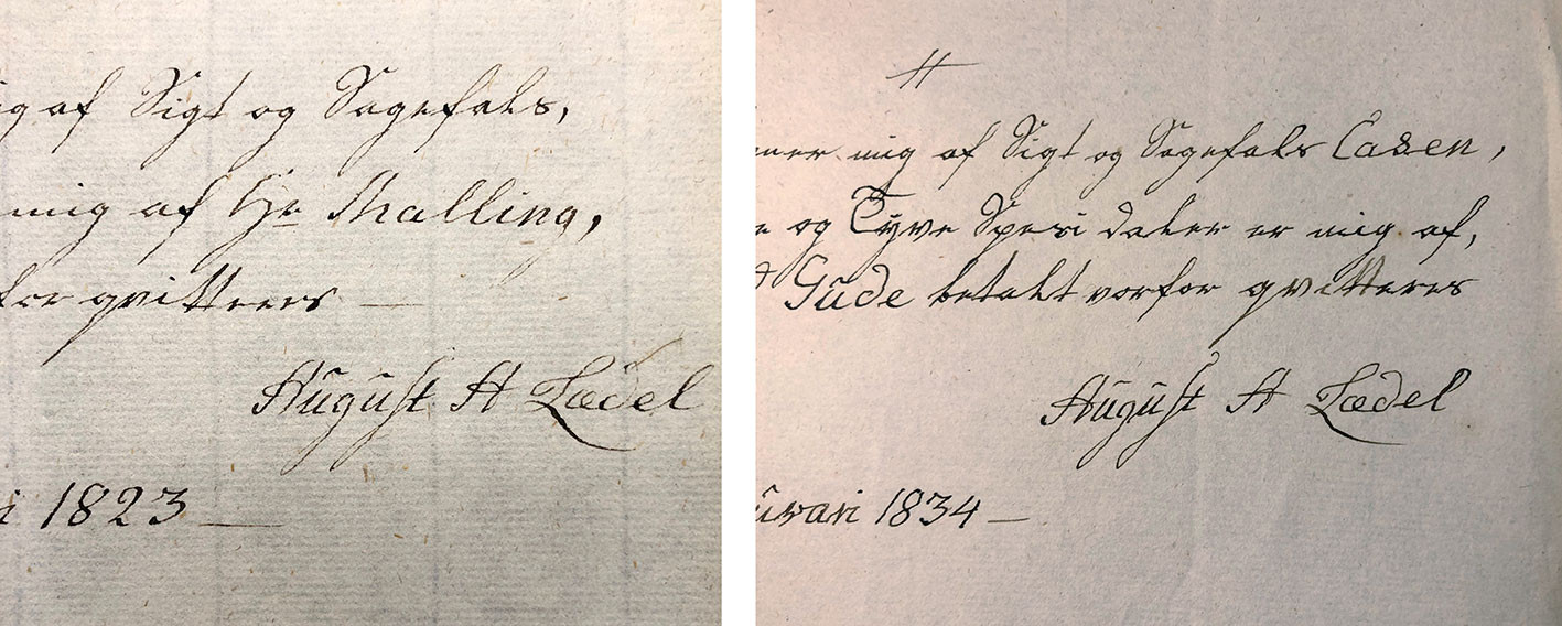 Figur 2 August Anton L&aelig;dels fogdelapper fra 1823 og 1834. Skriften har endret seg over tid og blitt mindre, tettere og mer&hellip;