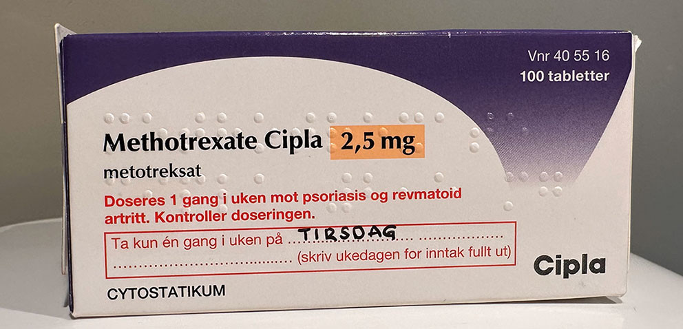 Figure 1 Medication packaging for methotrexate. Note the red highlighted text to emphasise that the medicine should only be&hellip;