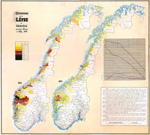 Kart over den geografiske fordelinga av lepratilfelle i Noreg i 1856 og 1890. Bymuseet i Bergen &ndash; Lepramuseet St. J&oslash;rgens&hellip;