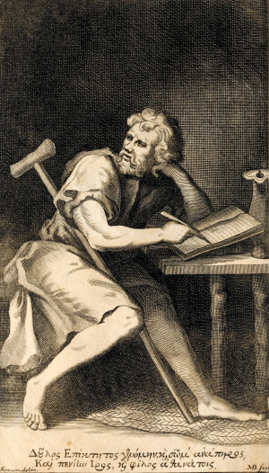 Slaven Epiktet i symbolsk positur. Han skriver, men blikket mot vinduet vitner om en kj&aelig;rlighet til livet, ikke b&oslash;kene&hellip;