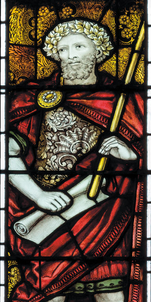 Fremstilling av Marcus Aurelius i et glassmaleri med antikke stoiske filosofer ved The John Rylands Library i Manchester&hellip;