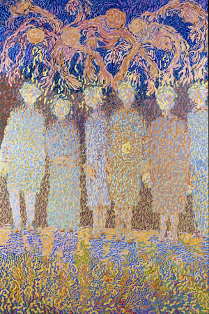 Patients Waiting to See the Doctor, with Figures Representing Their Fears malt av Rosemary Carson (f. 1962) i 1997. Carson&hellip;