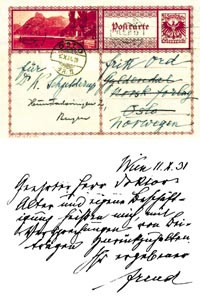 Brevkort fra Sigmund Freud til Kristian Schjelderup 1931