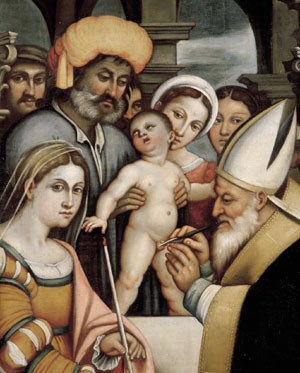 Jesus blir omsk&aring;ret i tempelet, et vanlig motiv i kunsten. Malt av L. Candido (1701). Foto Corbis/Scanpix