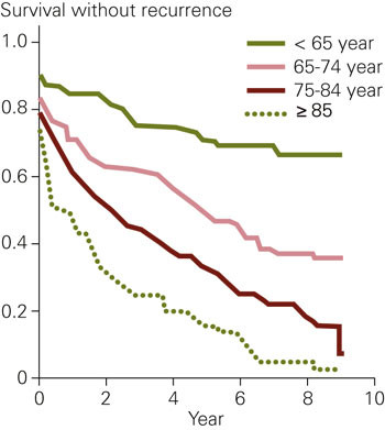 Figure 3  The Kaplan-Meier curve describes survival without recurrence in 421 patients related to age groups at the time of&hellip;