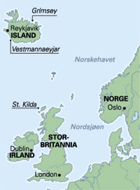 Figure 2  Map of the North Sea showing St. Kilda, Grimsey and the Westman Islands (Vestmannaeyjar)