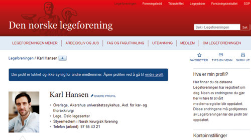 Alle kan enkelt sjekke og endre sine medlemsopplysninger i nye legeforeningen.no. Skjermdump av nettsiden.