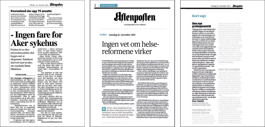 Faksimiler fra Aftenposten vedr&oslash;rende Aker sykehus (9), helsereformer (26) og profesjonsstrid (25)