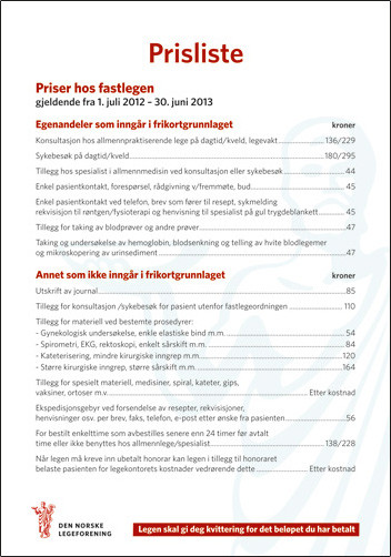 Faksimile av takstplakaten for fastleger