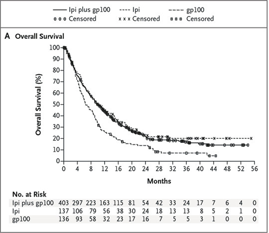 Figure 1  Survival curve for treatment with ipilimumab or ipilimumab in combination with the cancer vaccine gp100 versus&hellip;