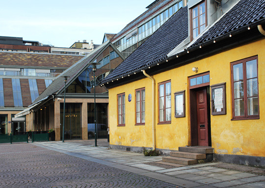 I denne bygningen foregikk anatomiundervisningen i mer enn 35 &aring;r. Legenes hus i bakgrunnen. Foto Lise B. Johannessen