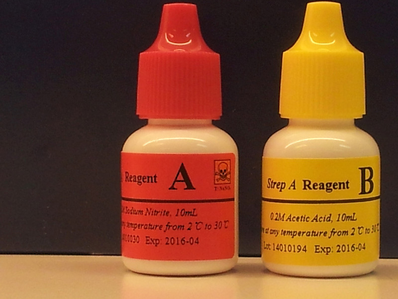 Figure 1  Bottles of Strep test reagents. The bottle on the left, with the poison symbol, contains sodium nitrite