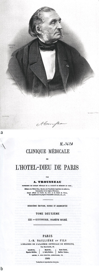 Figure 3  a) Armand Trousseau. Lithography by J.B.A. Lafosse from 1866 (CC BY 4.0). b) First page of article from 1865 in&hellip;